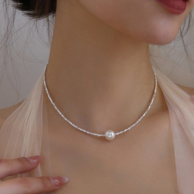 White Pearl Choker wtih Sliver Charm Beads