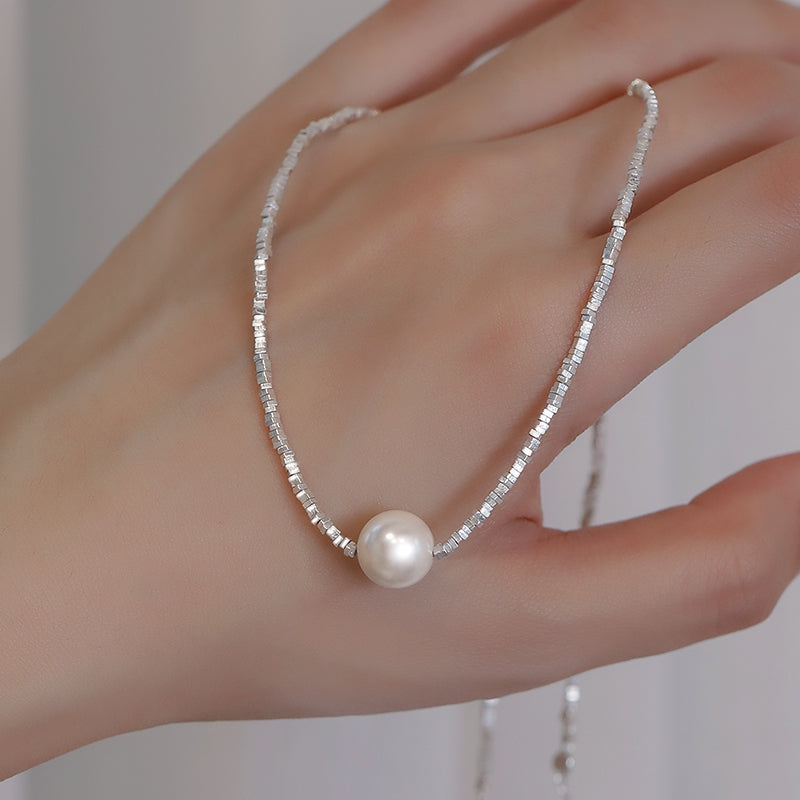 White Pearl Choker wtih Sliver Charm Beads