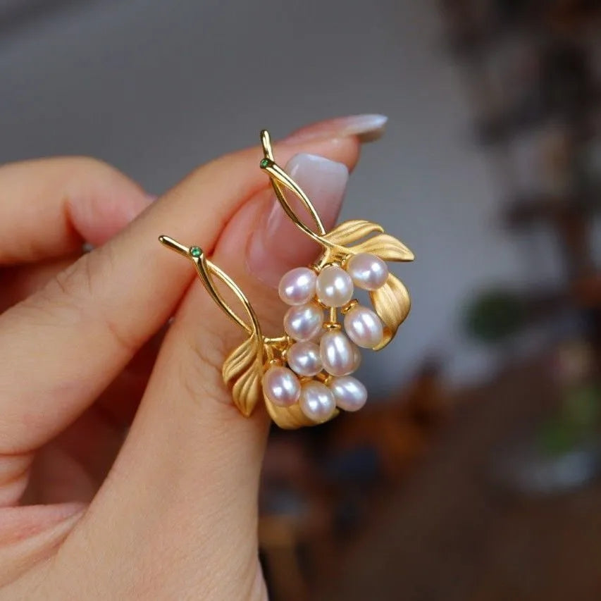 White Pearl Hoop Grape Earrings