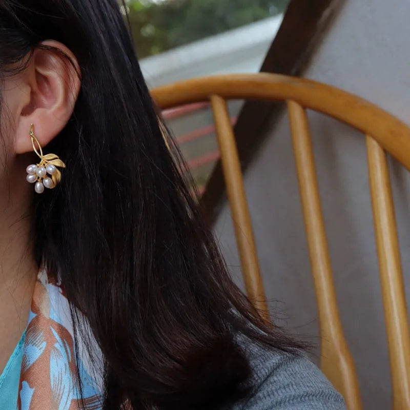 White Pearl Hoop Grape Earrings