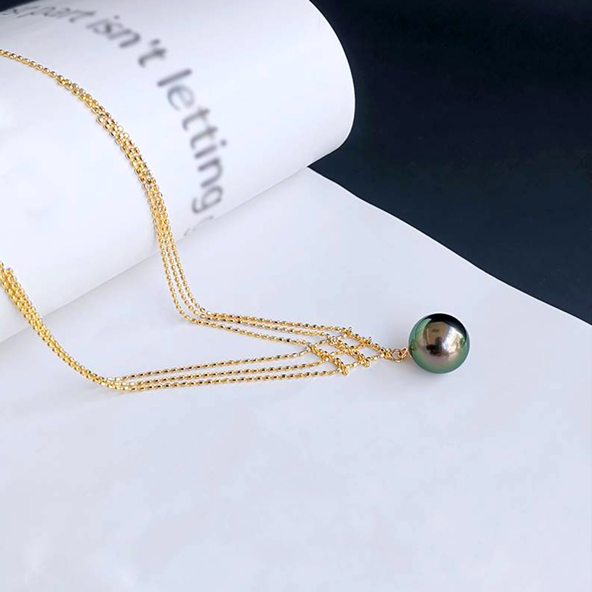 Natural Peacock Green Pearl Lace Necklace in 14k Gold