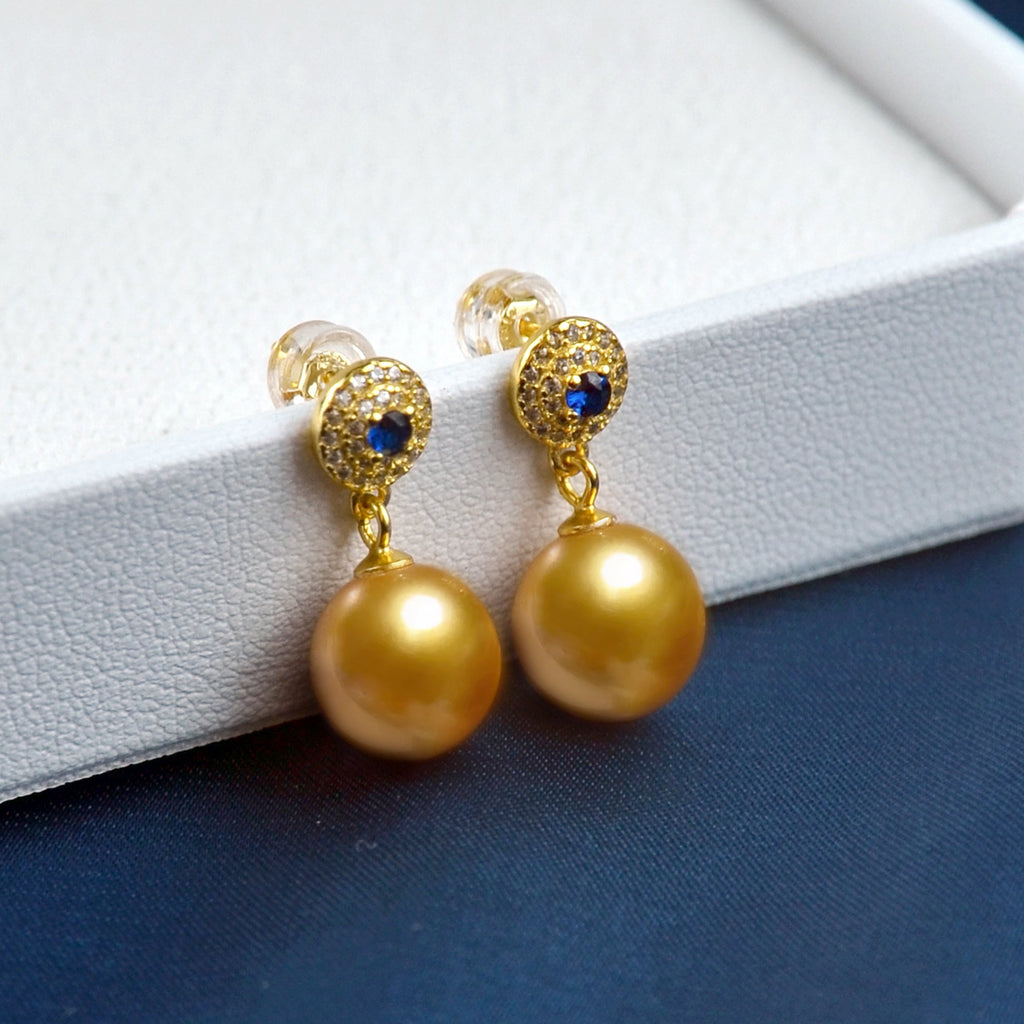 Natural Sapphire And Champagne Pearl Earrings