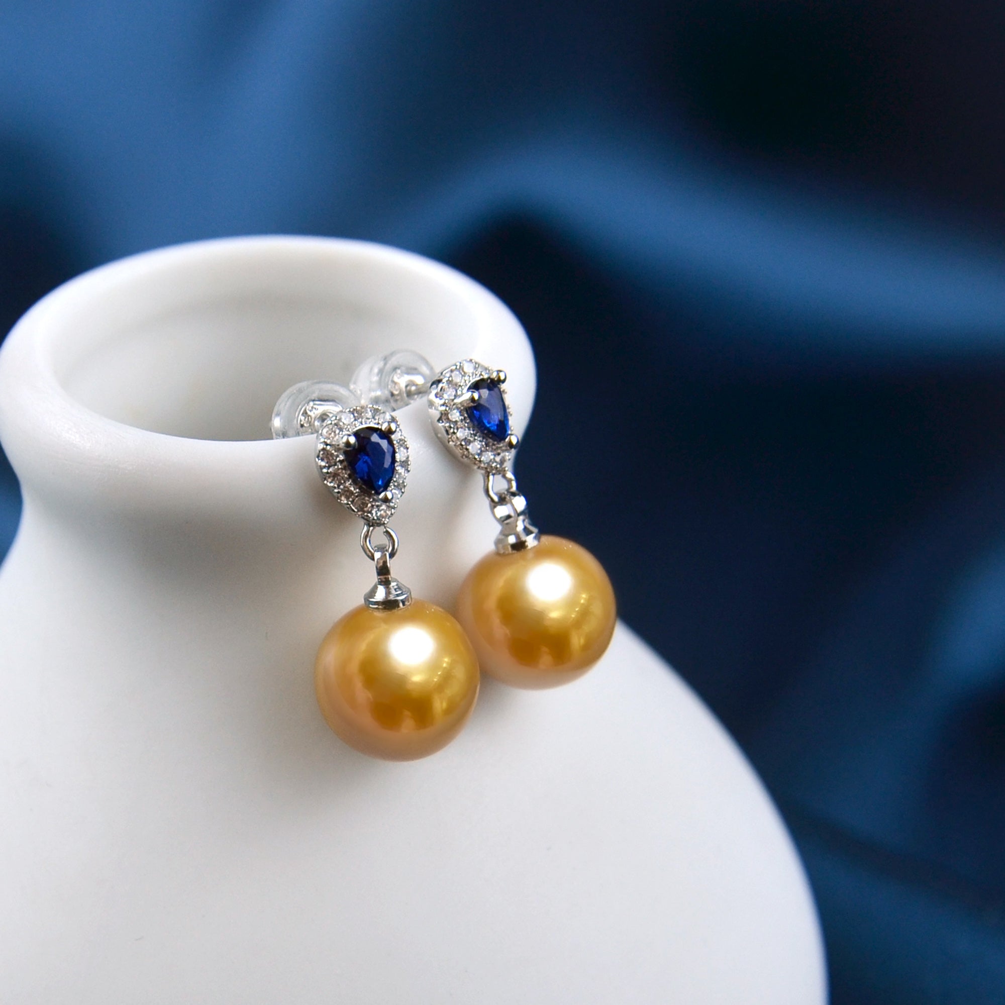 Natural Sapphire And Champagne Pearl Earrings