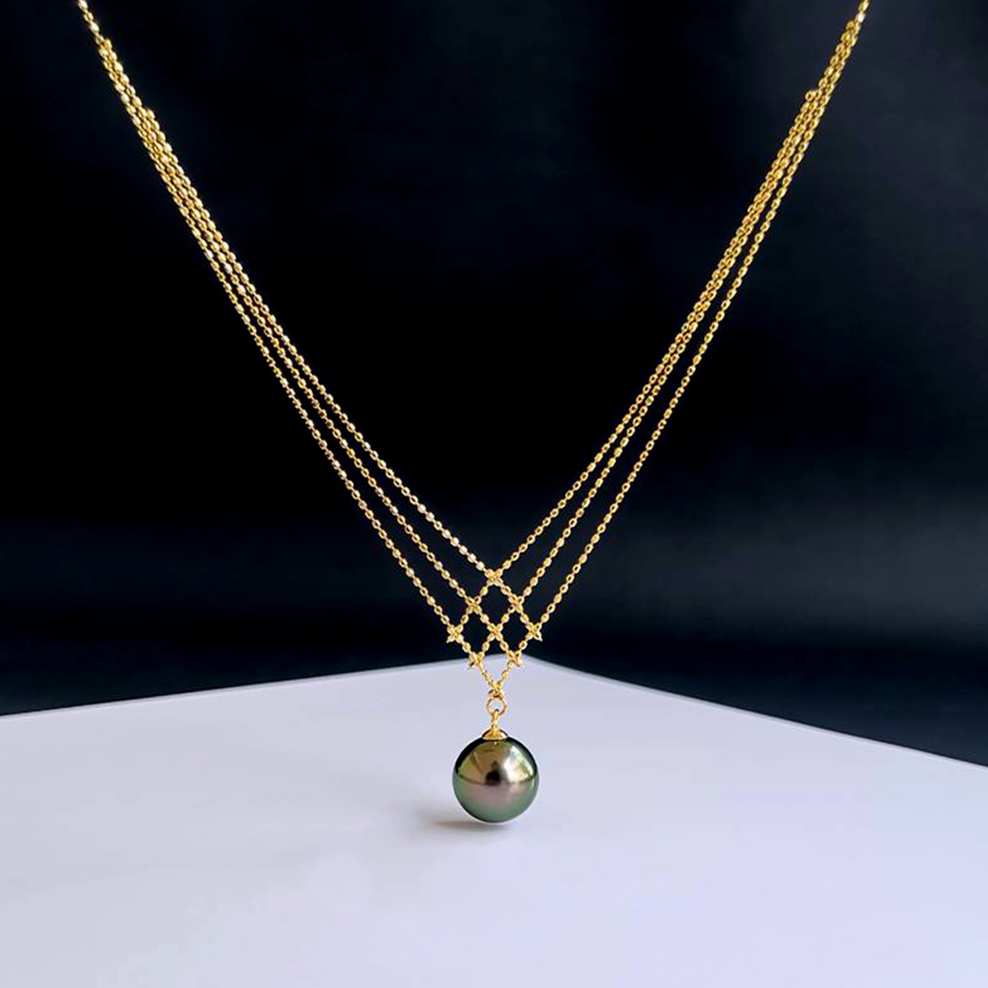 Natural Peacock Green Pearl Lace Necklace in 14k Gold
