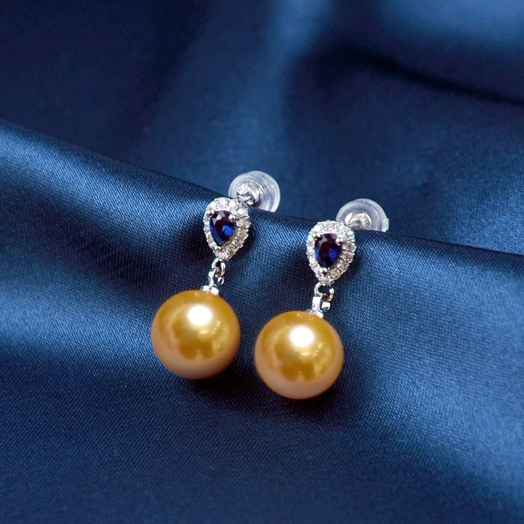 Natural Sapphire And Champagne Pearl Earrings