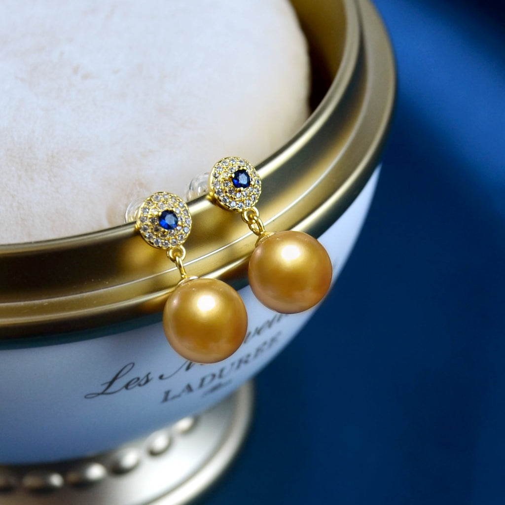 Natural Sapphire And Champagne Pearl Earrings