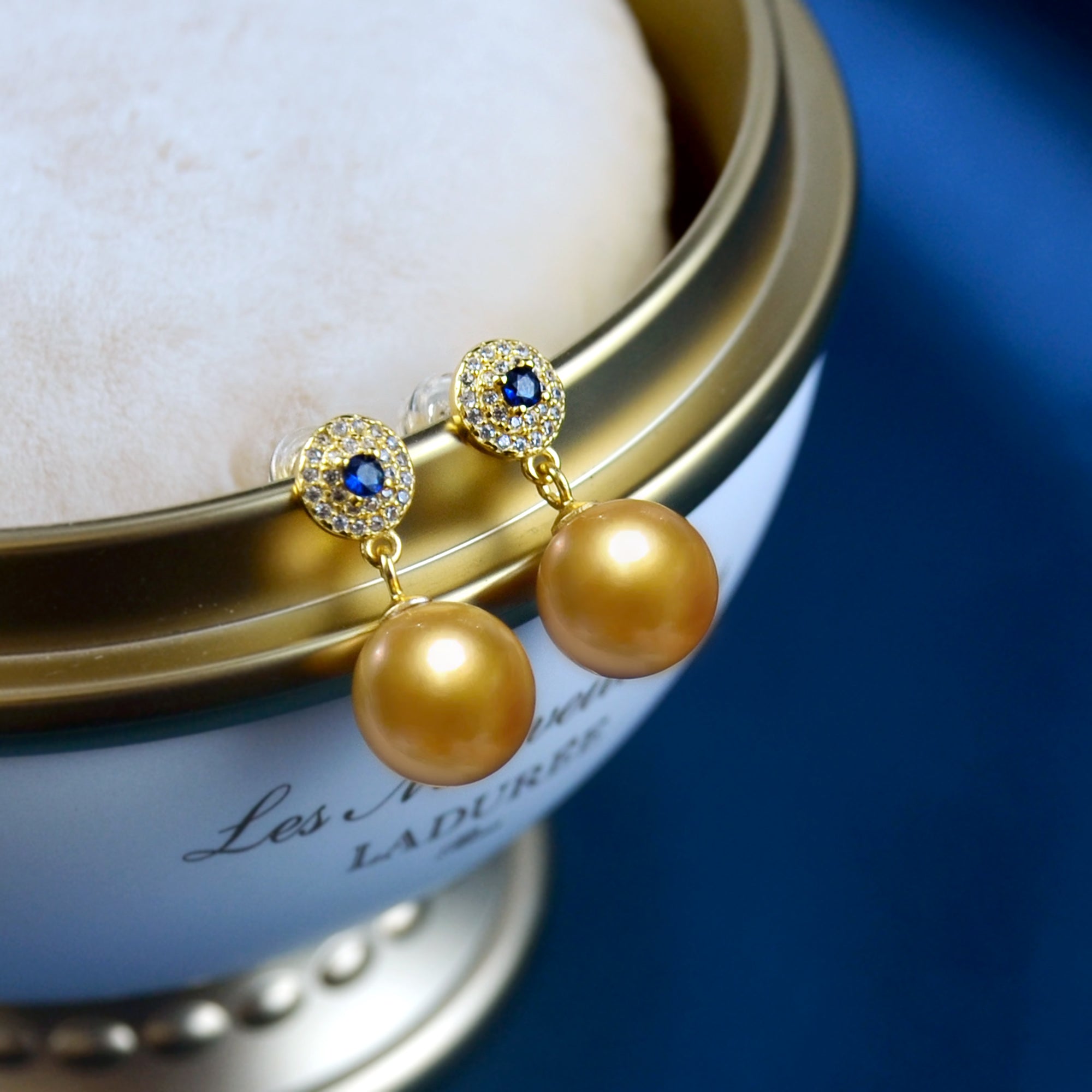 Natural Sapphire And Champagne Pearl Earrings