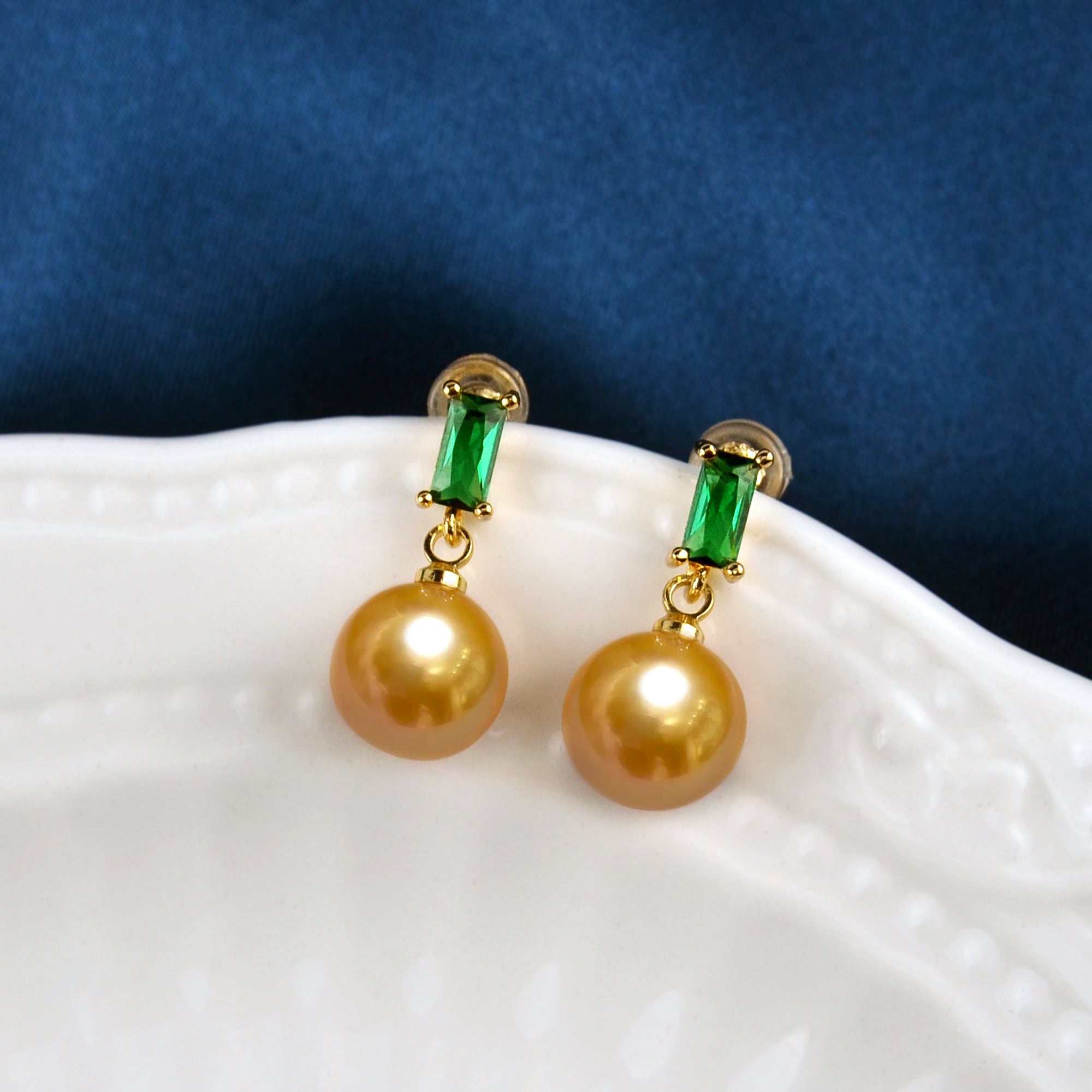 Natural Emerald and Champagne Pearl Earrings