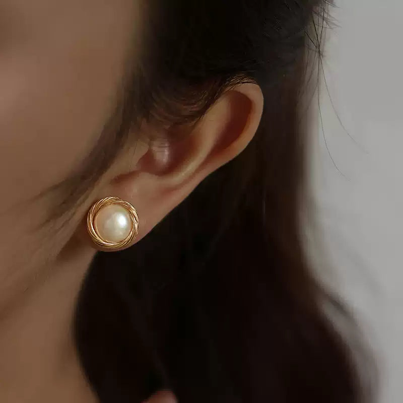 Hand wrapped White Pearl Stud Earrings