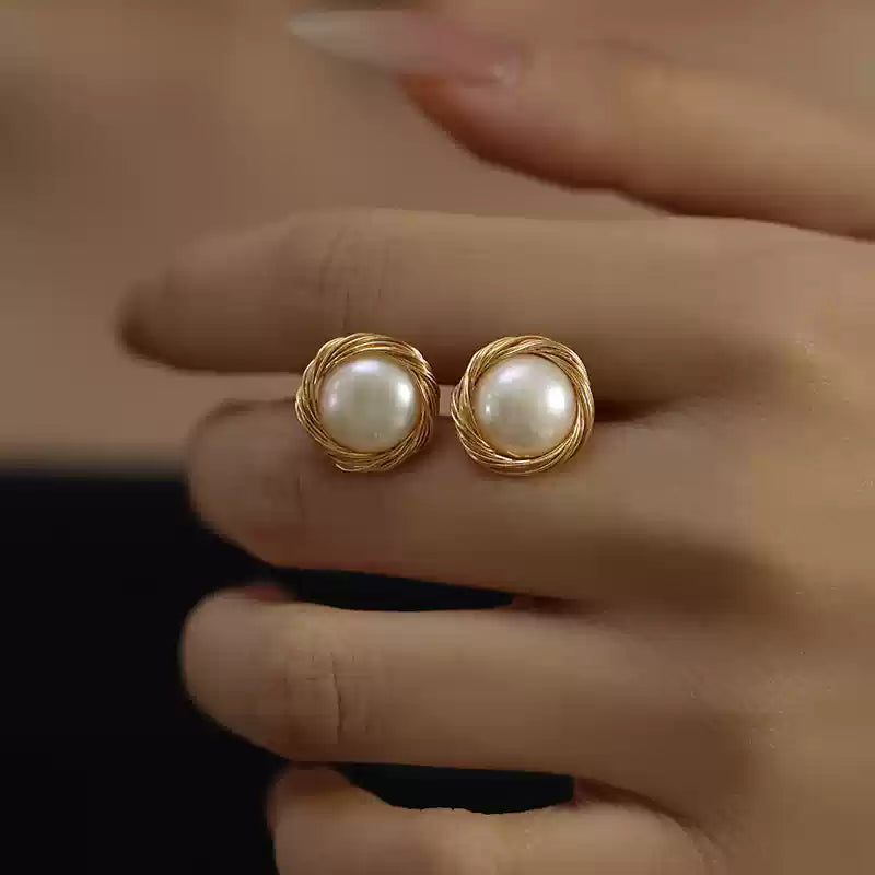 Hand wrapped White Pearl Stud Earrings