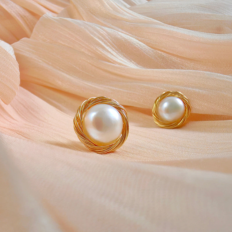 Hand wrapped White Pearl Stud Earrings