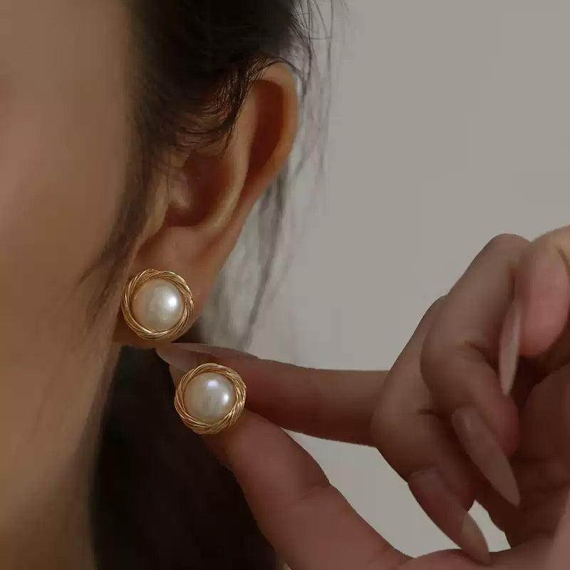 Hand wrapped White Pearl Stud Earrings