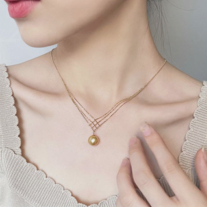 Natural Champagne Pearl Lace Necklace in 14k Gold