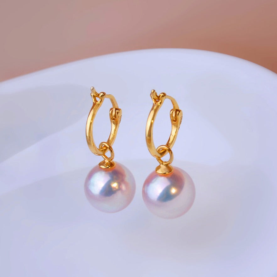 Japanese Akoya Pearl Hoop Earrings in 18K Gold