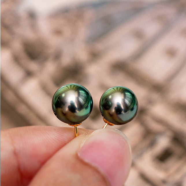 Natural Peacock Green Pearl Stud Earrings in 18k gold