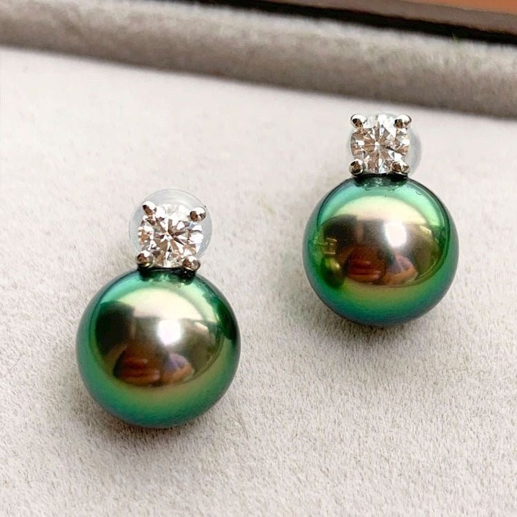 Natural Peacock Green Pearl Stud Earrings