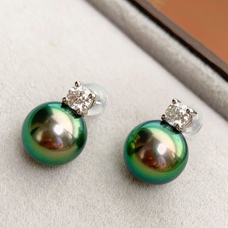 Natural Peacock Green Pearl Stud Earrings