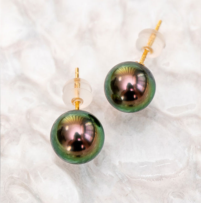 Natural Peacock Green Pearl Stud Earrings in 18k gold