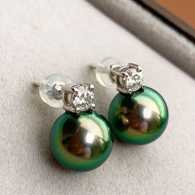 Natural Peacock Green Pearl Stud Earrings