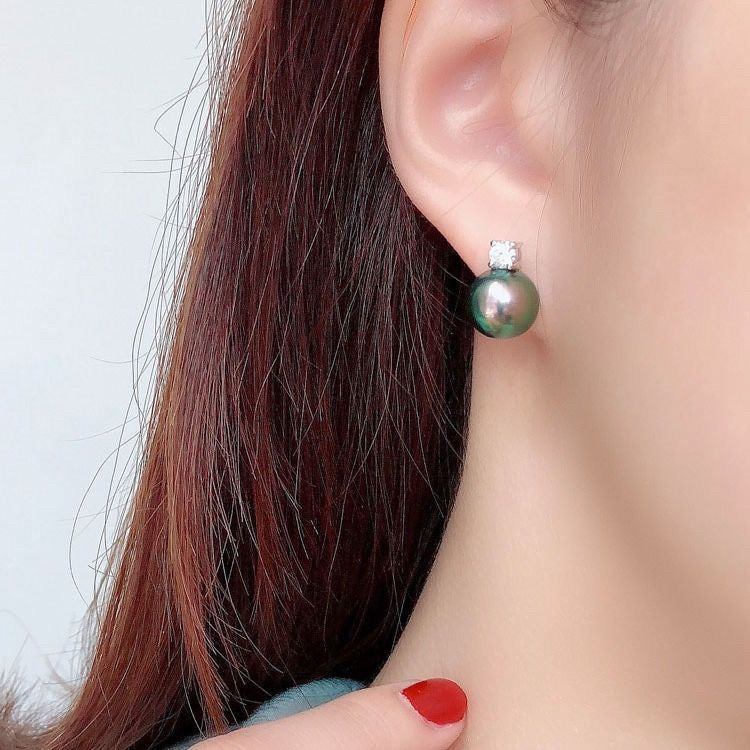 Natural Peacock Green Pearl Stud Earrings