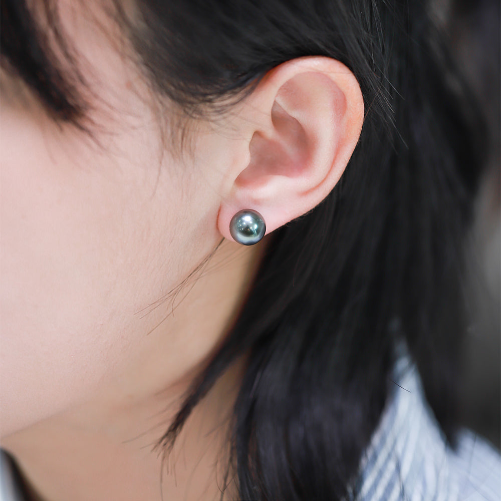 Natural Peacock Green Pearl Stud Earrings in 18k gold