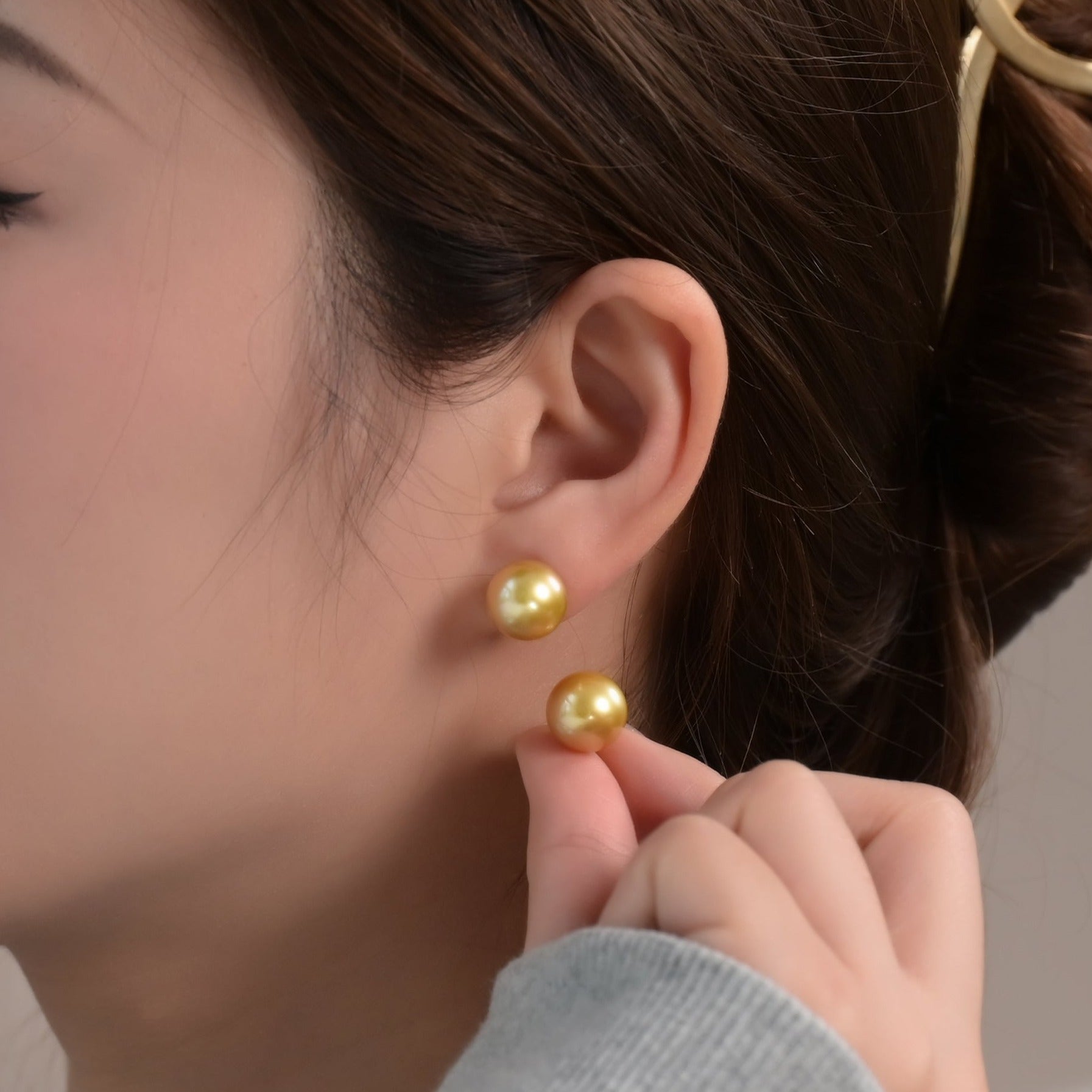 Natural Champagne Pearl Stud Earrings in 18k gold
